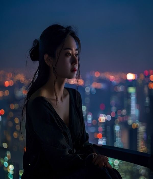 李采潭主演都市情感剧剧照，女主角在城市夜景中独自沉思，情绪层次丰富